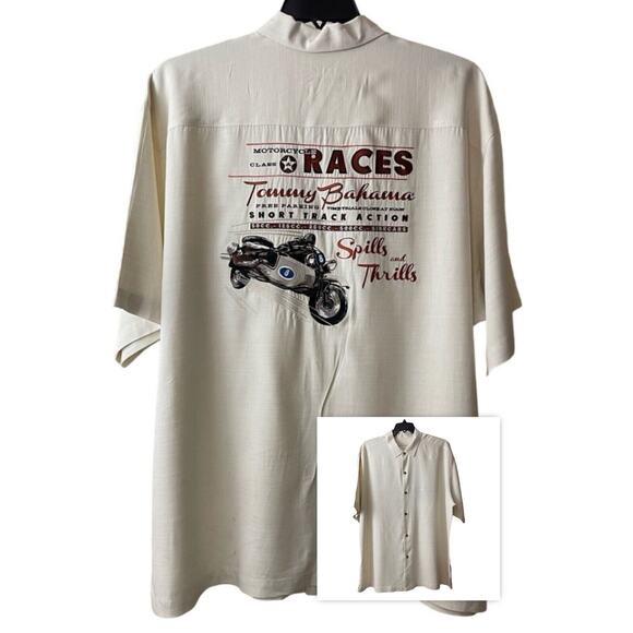Tommy Bahama Button Up Silk Shirt Mens XLX Vintage Beige Motorcycle Class Races